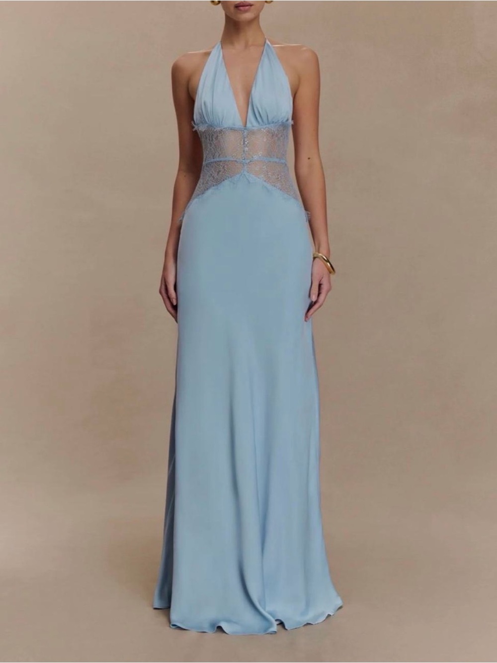 Meshki Light Blue Halter Lace-Trim Satin Gown